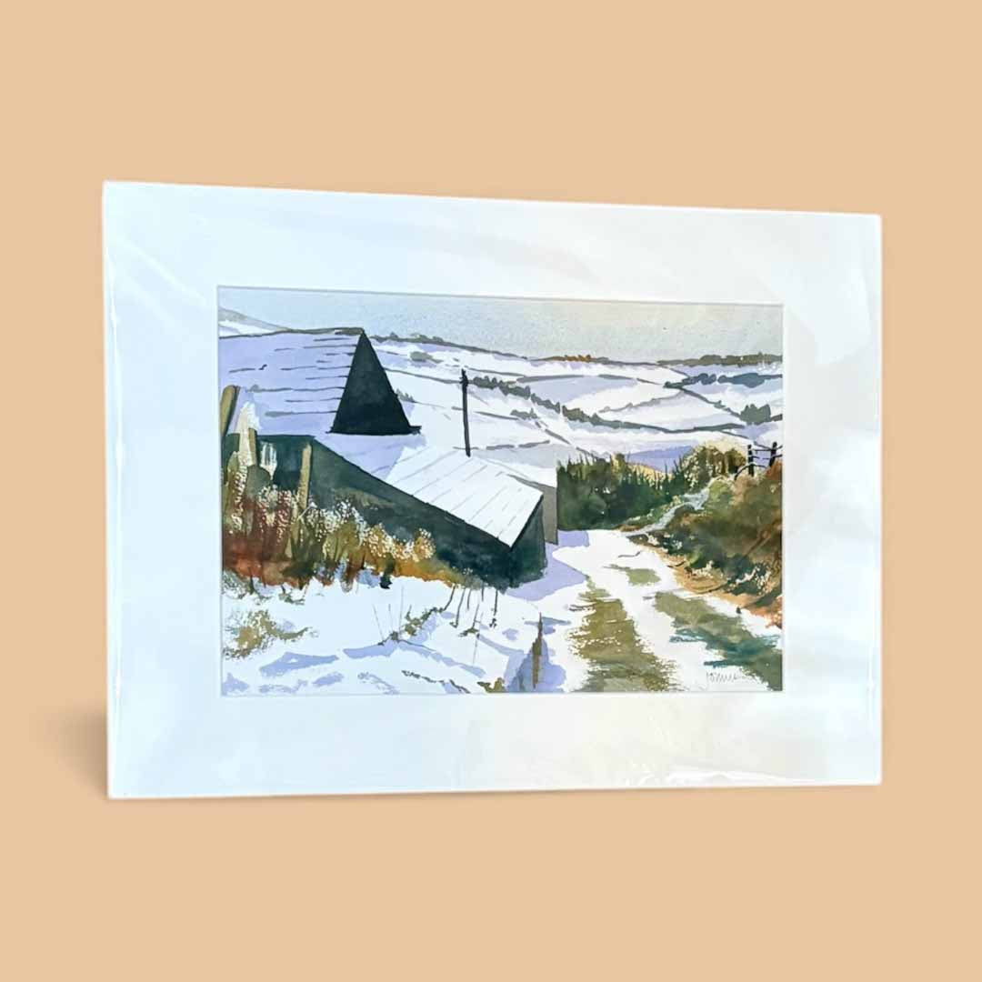 Snowy Pennine Farmhouse Mounted Original Line and Watercolour - John Harrison_Just Makers