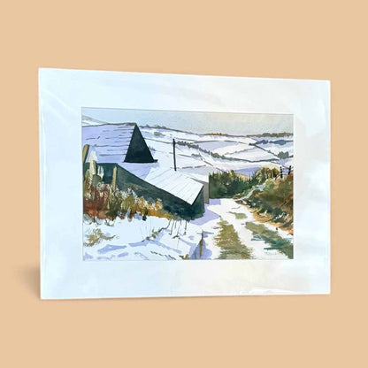 Snowy Pennine Farmhouse Mounted Original Line and Watercolour - John Harrison_Just Makers