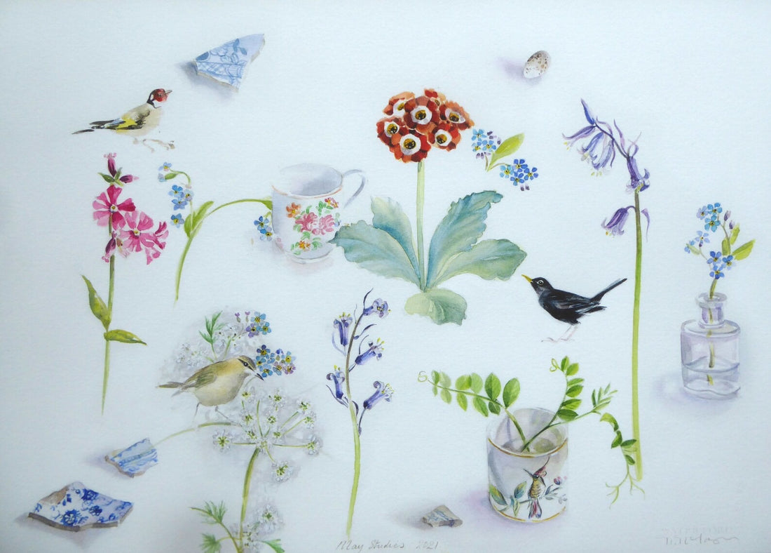 Artistic depiction of flowers, birds, and decorative elements on a white background_Just Makers