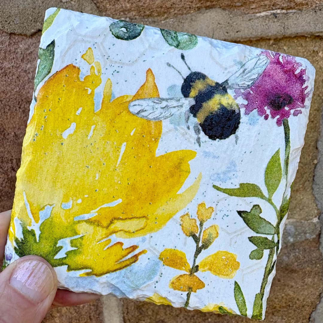 Spring Meadow and Bee Coaster Slate - Sarah Tustin_Just Makers