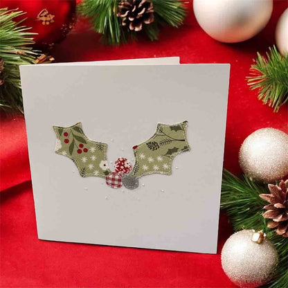 Stitched Fabric Christmas Holly Card - Alice and Audrey - Just Makers Alice &amp; Audrey