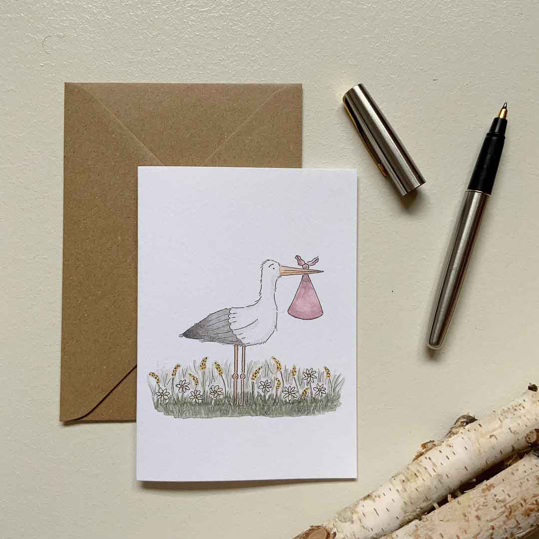 Stork Special Delivery Baby Girl Card - Bramble Wood and Co_Just Makers