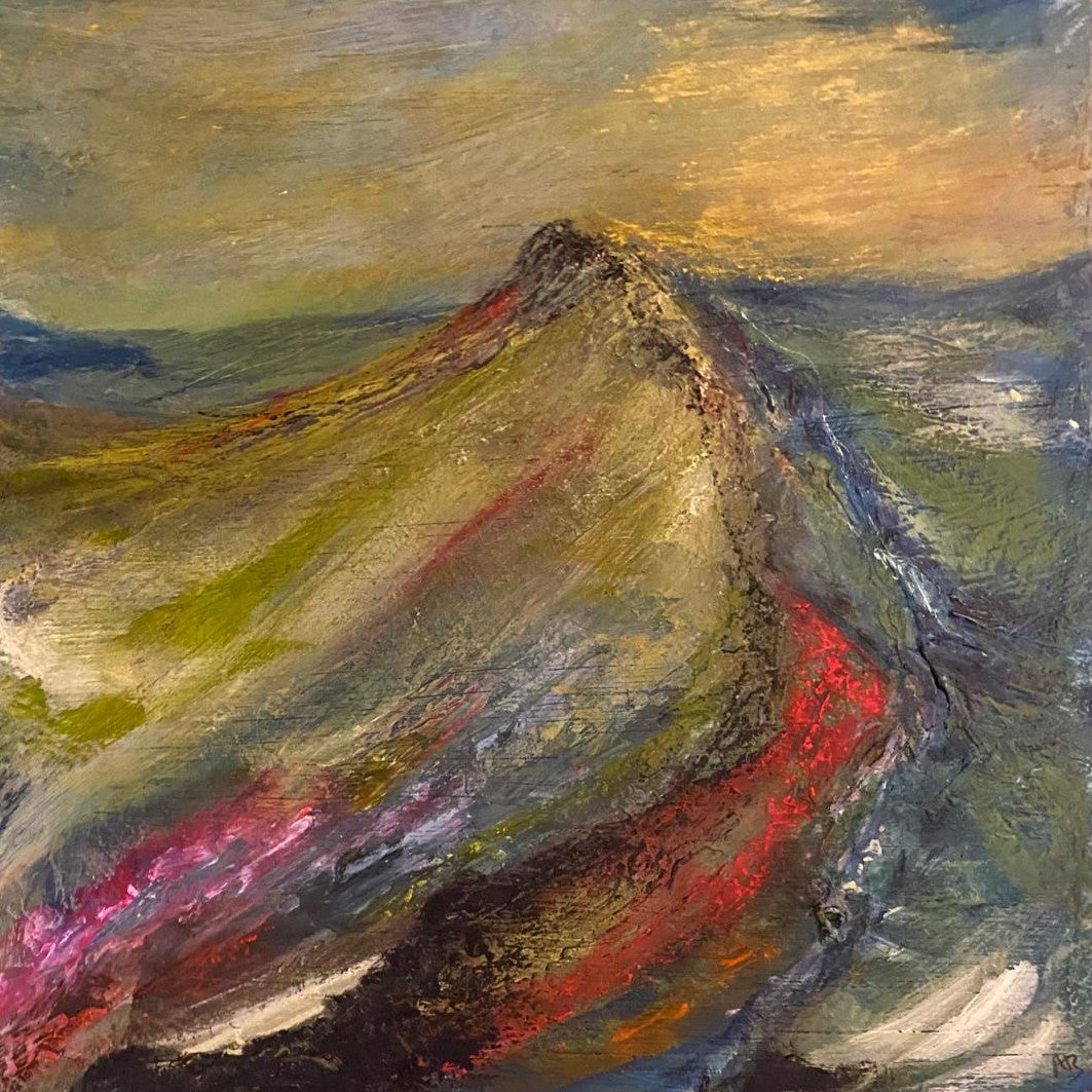 An impressionistic landscape painting of a mountain peak with textured brushstrokes in olive green, gray, gold, red, and blue tones.