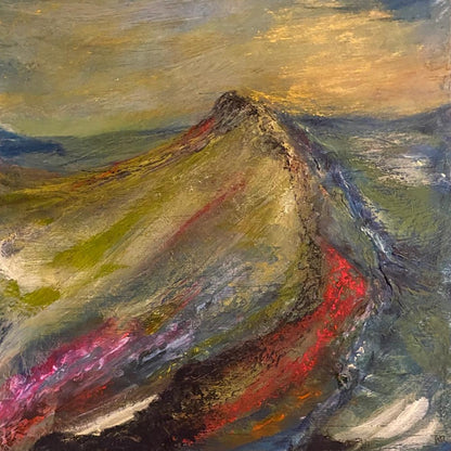 An impressionistic landscape painting of a mountain peak with textured brushstrokes in olive green, gray, gold, red, and blue tones.