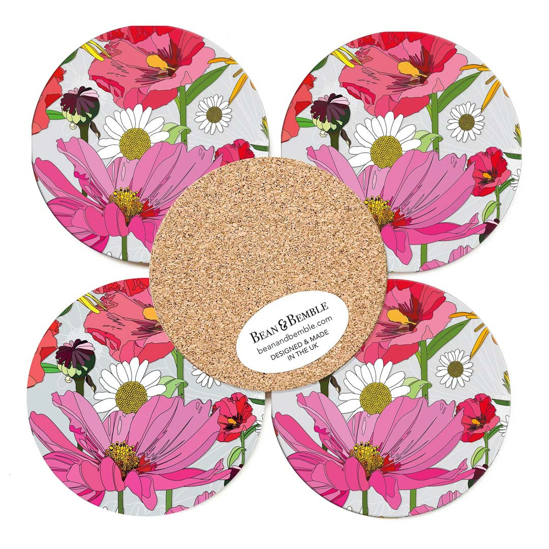 Summer Poppies Grey Set of Four Coasters - Bean and Bemble_Just Makers
