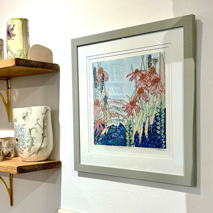 Summer in the Garden Framed Linocut - Rachel Knowles_Just Makers