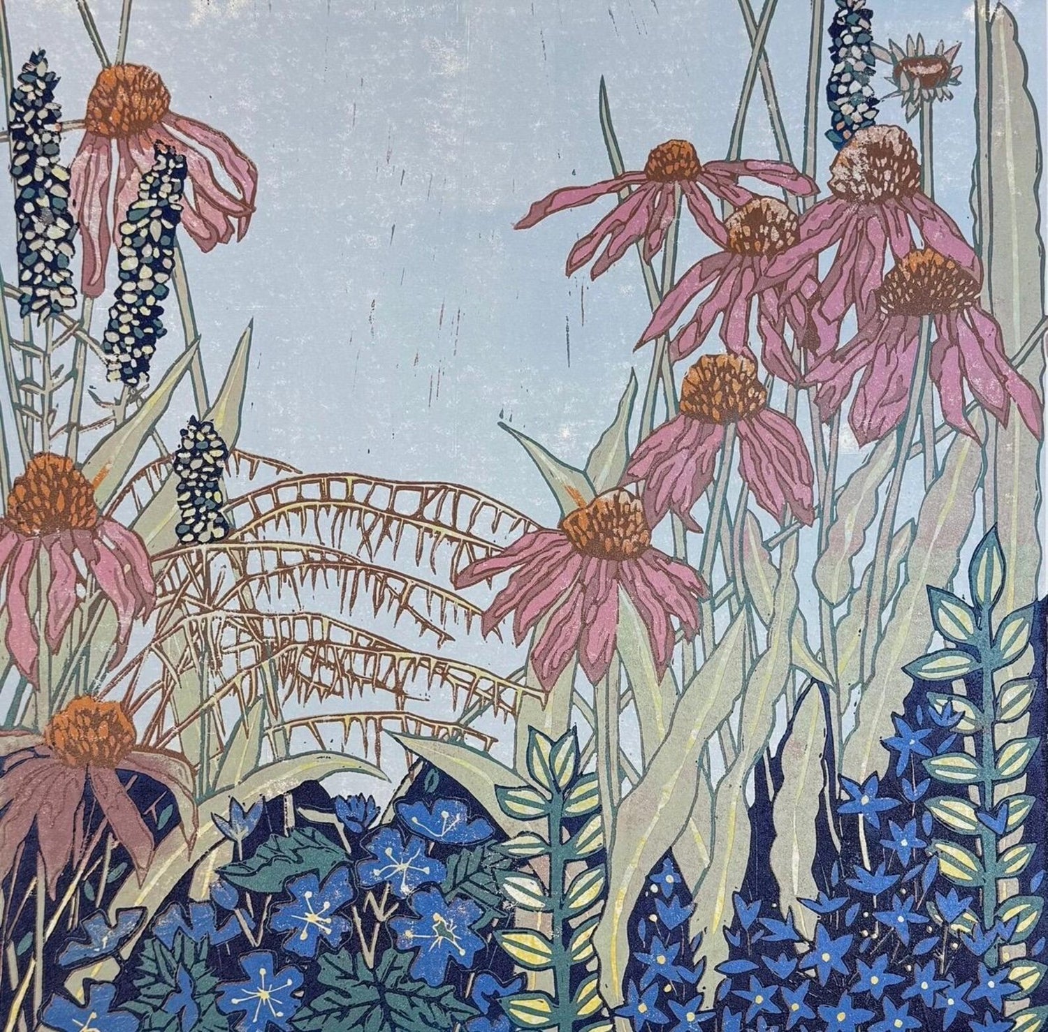 A botanical art print featuring pink coneflowers, blue starflowers, and green leaves under a pale blue sky, rendered in a textured woodcut or linocut style.