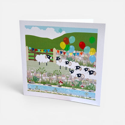 Greeting card with sheep and balloons design on a white background