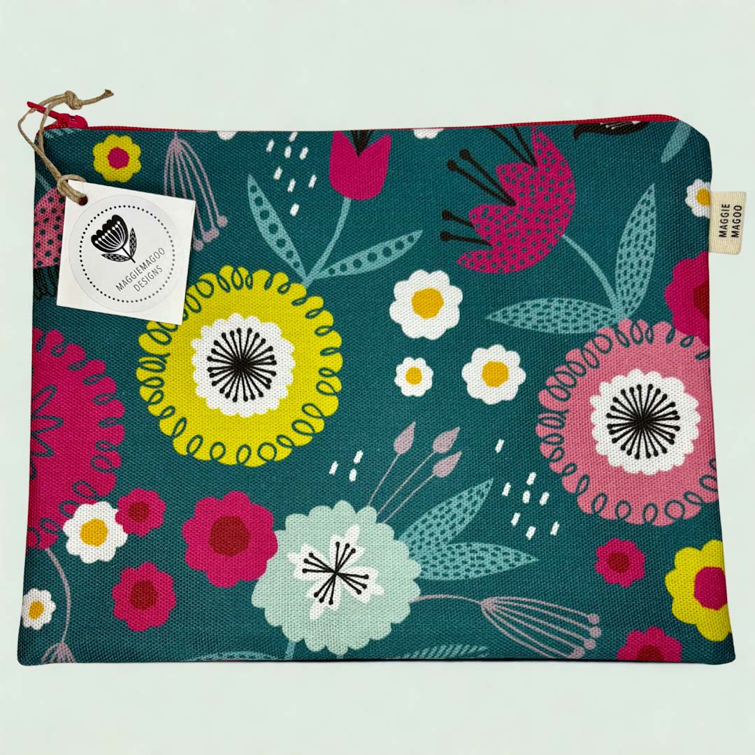 Teal Floral Fabric Pouch - Maggie Magoo Designs_Just Makers