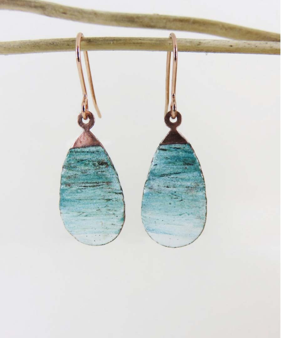 Teardrop Textured Copper Blue and White Enamel Earrings - 830 Degrees_Just Makers