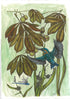 A botanical art print featuring a kingfisher perched on a leafy branch with chestnuts, alongside a dragonfly, set against a textured light green background.