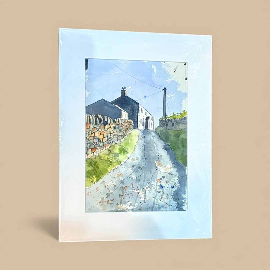 The Lane to the Farm Mounted Original Line and Watercolour - John Harrison - Just Makers