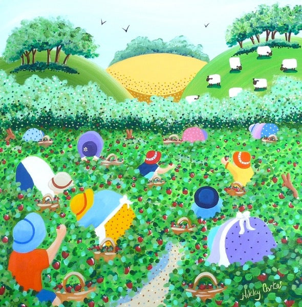 Colorful illustration of people picking fruit in a field with a large yellow sun in the background_Nikky Corker_Just Makers