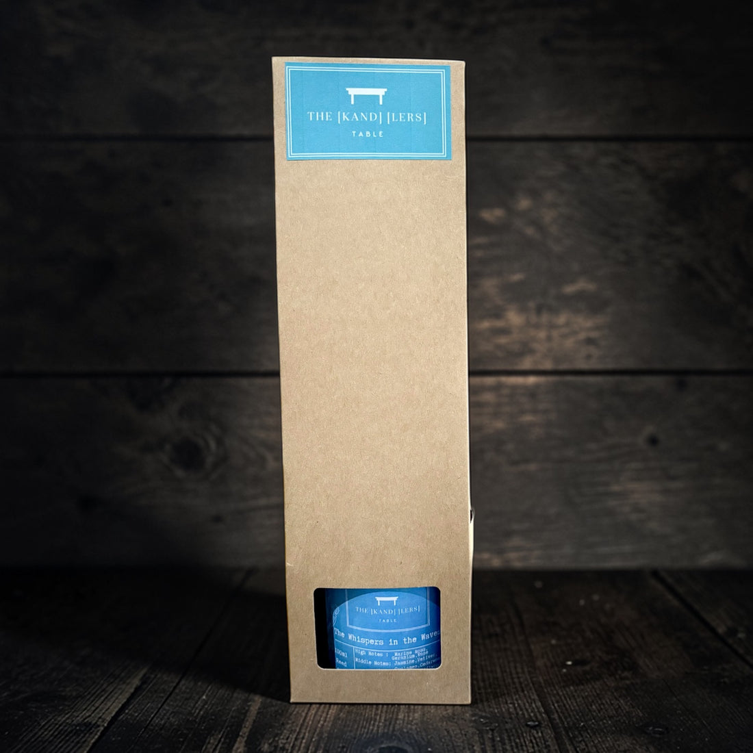 Kraft paper packaging with blue labels on a wooden background