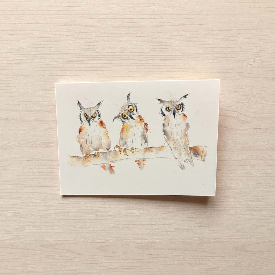 Three Wise Owls Greeting Card - Tim Gomersall Art_Just Makers