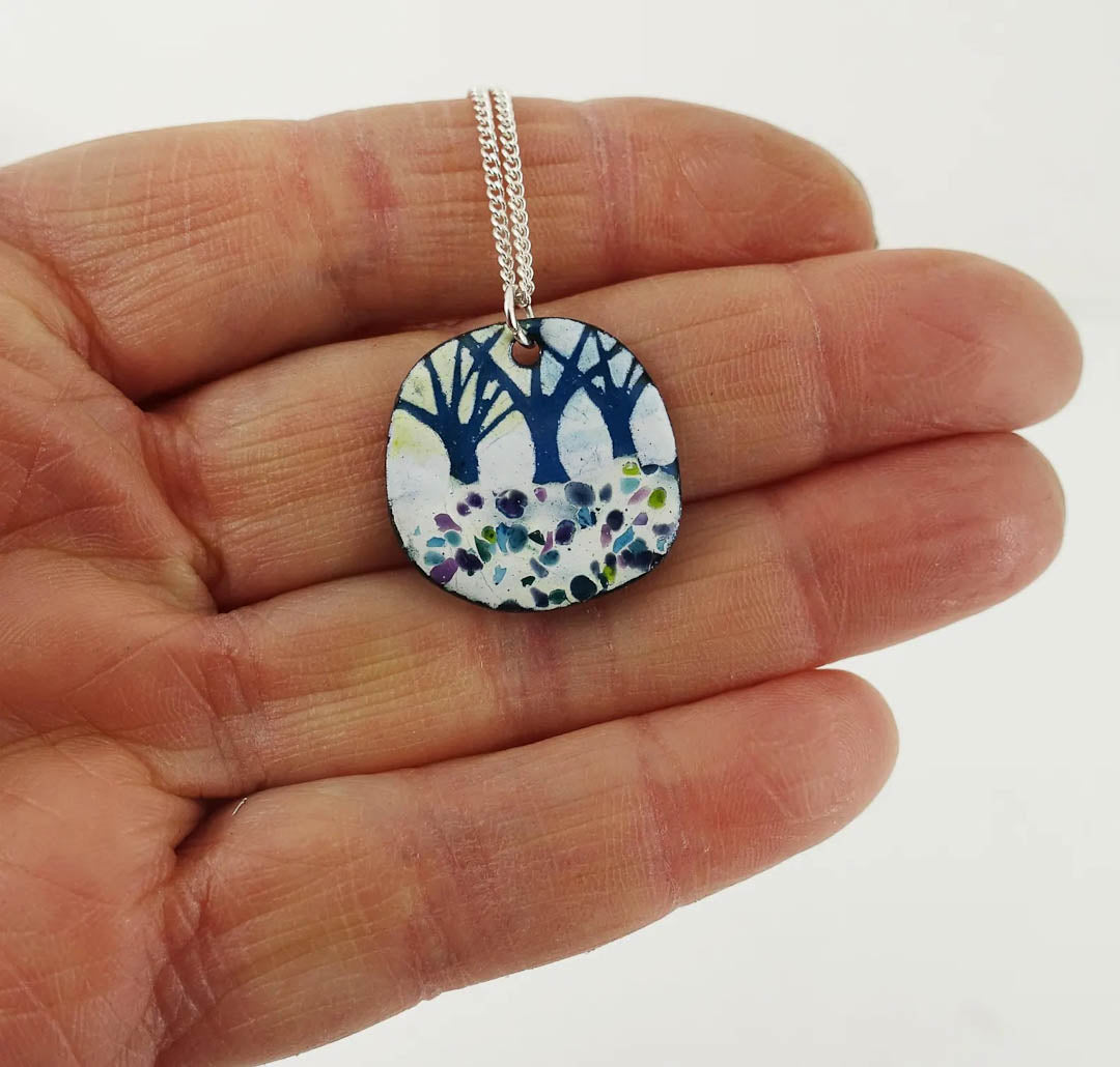 Turquoise & White Trees Enamel Copper Disc Pendant Necklace by 830 Degrees