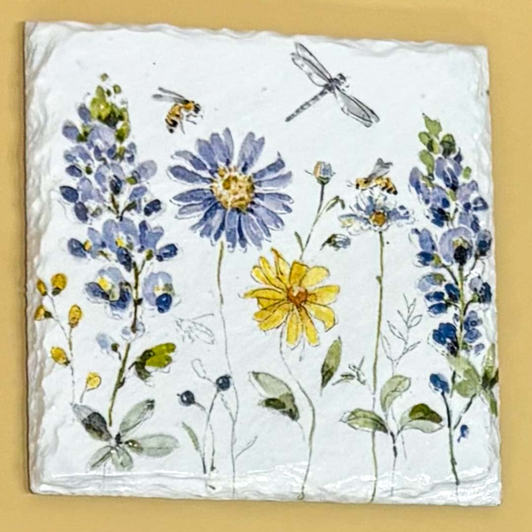 White With Flowers Coaster Slate - Sarah Tustin_Just Makers