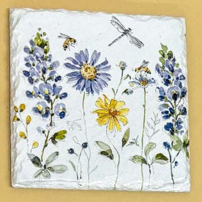 White With Flowers Coaster Slate - Sarah Tustin_Just Makers