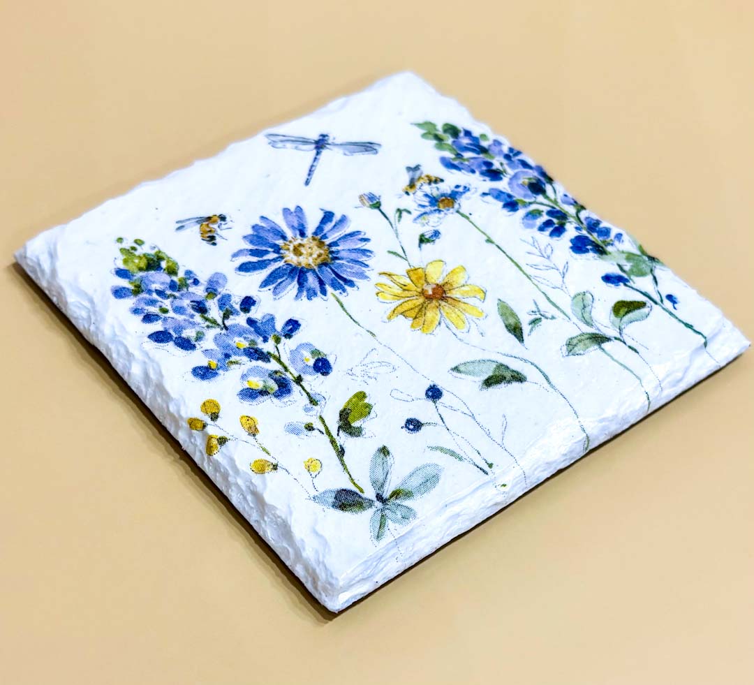 White With Flowers Coaster Slate - Sarah Tustin_Just Makers