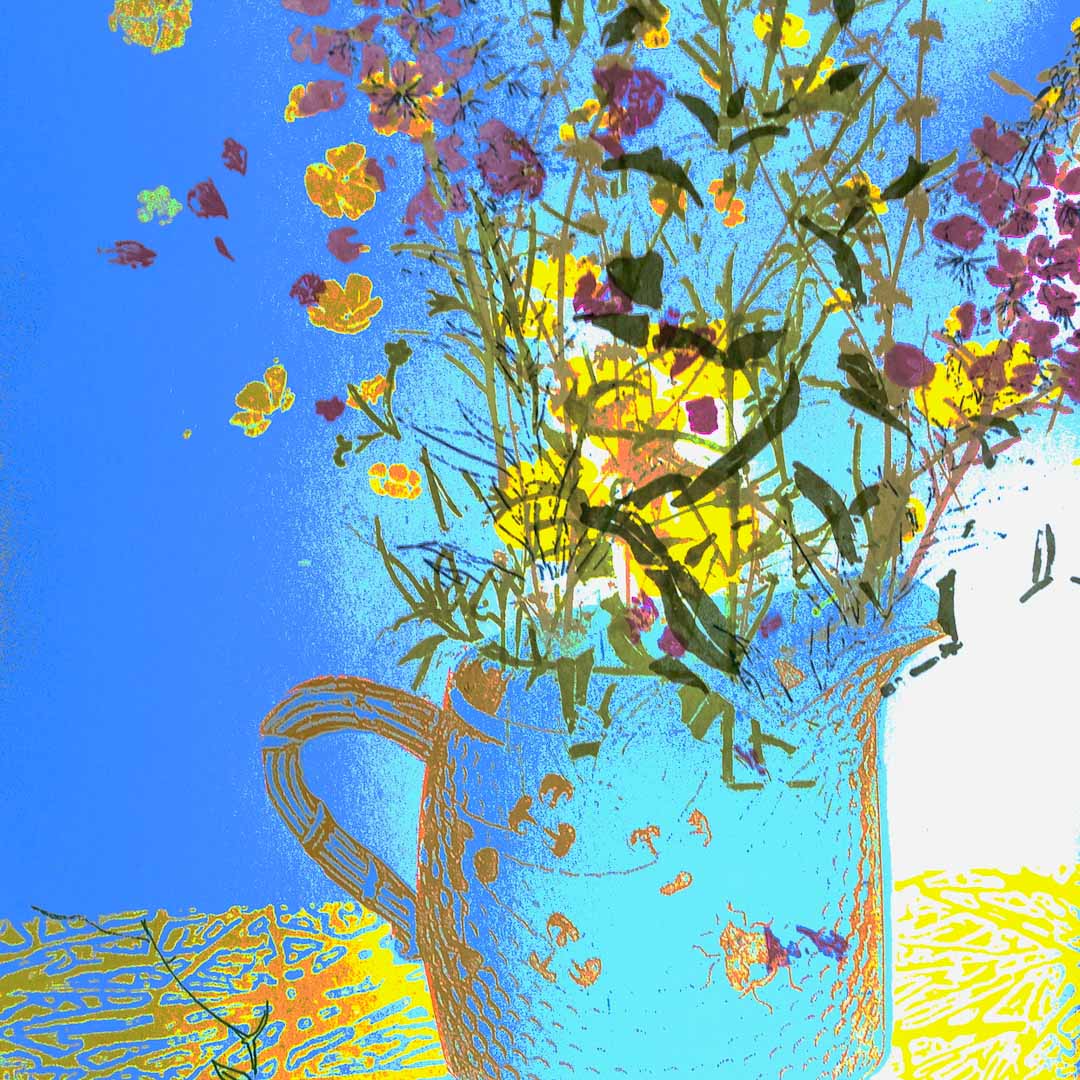 Colorful floral arrangement in a blue pitcher against a blue background_Gill Kirk_Just Makers