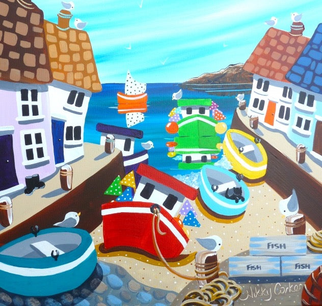 Colorful illustration of a coastal scene with boats and houses_Nikky Corker_Just Makers