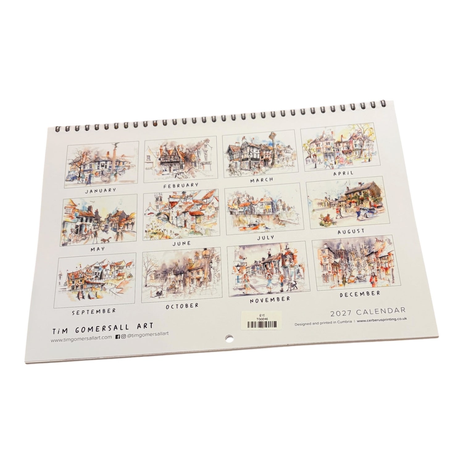 A spiral-bound 2027 wall calendar from Tim Comersall Art, displayed at an angle on a clean white background. The cover features twelve square watercolor illustrations of street scenes, each labeled with its respective month.