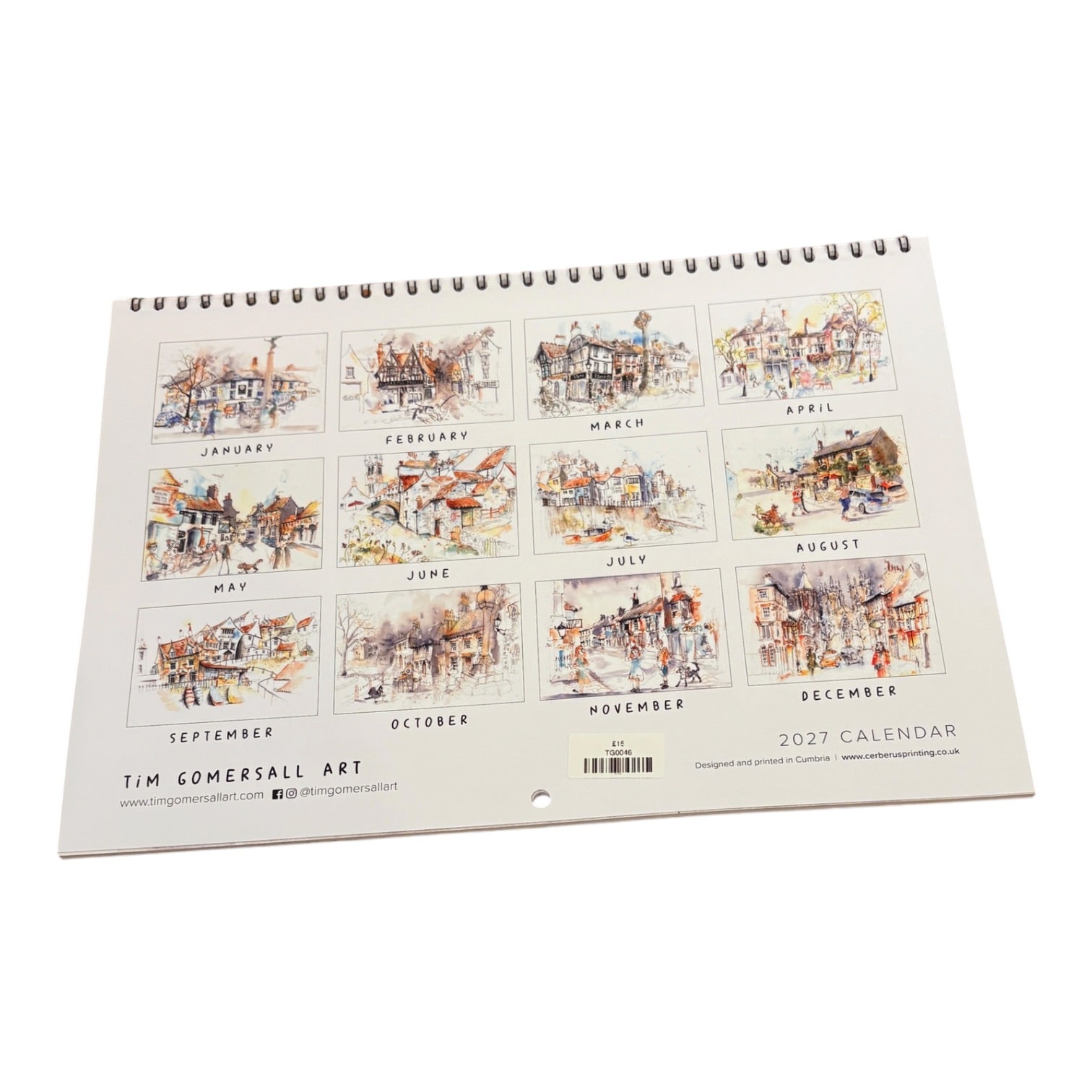 A spiral-bound 2027 wall calendar from Tim Comersall Art, displayed at an angle on a clean white background. The cover features twelve square watercolor illustrations of street scenes, each labeled with its respective month.