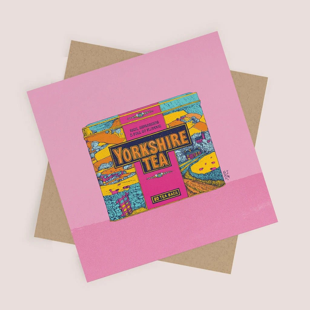 Yorkshire Tea Pink Greeting Card - Bejojo Art - Just Makers Bejojo Art