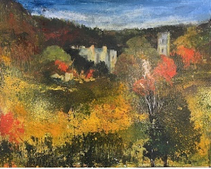 Painting of a landscape with trees and buildings in the distance