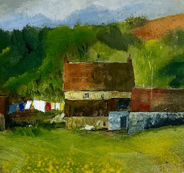 Painting of a rustic house with clothesline in a pastoral setting
