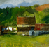 Painting of a rustic house with clothesline in a pastoral setting