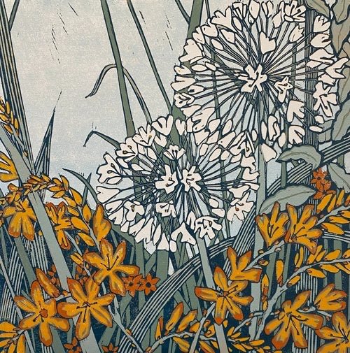 Framed Agapanthus &amp; Crocosmia Linocut Print - Rachel Knowles_Just Makers