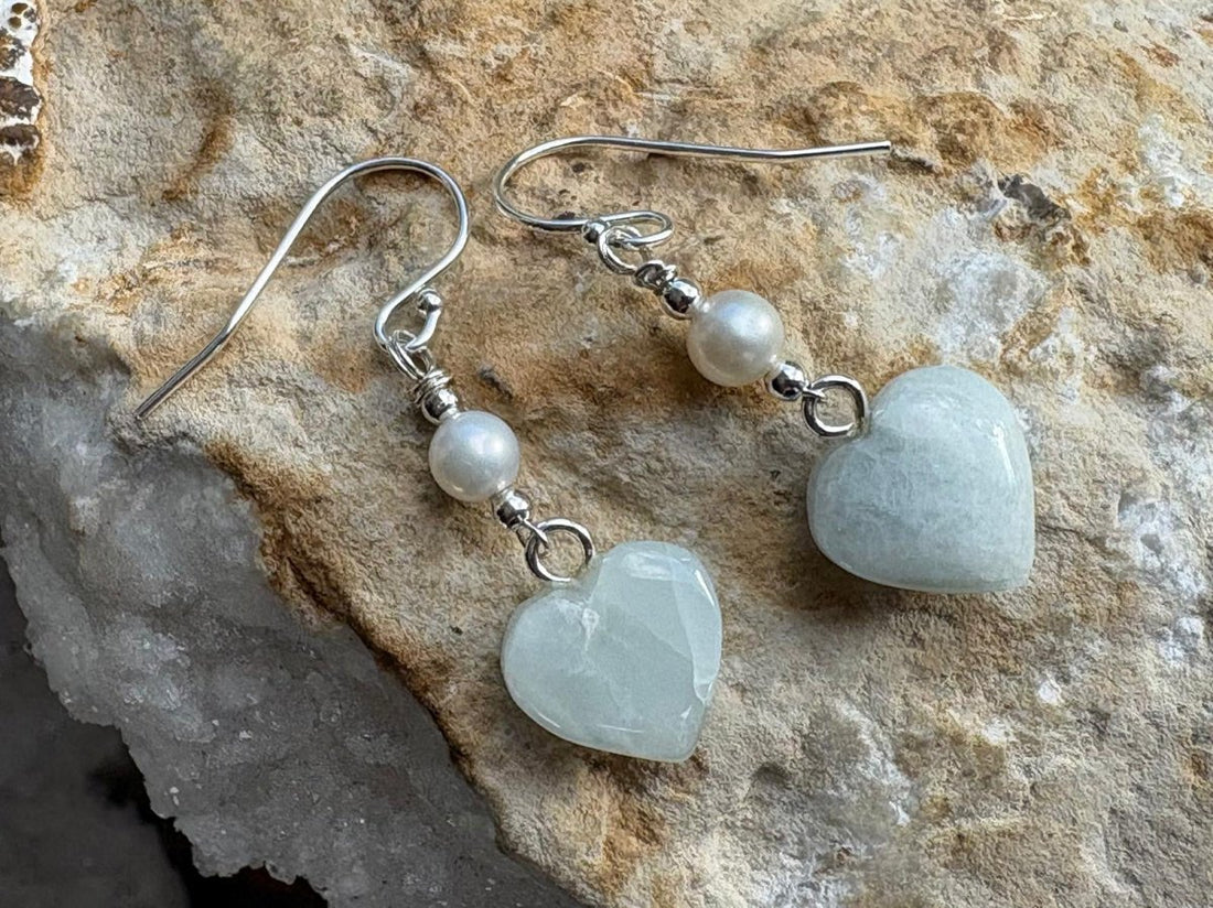 Aquamarine Heart and Pearl Sterling Silver Drop Earrings - Hart, Body and Soul_Just Makers