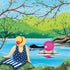Two women in swimsuits by a lake with trees and mountains in the background.