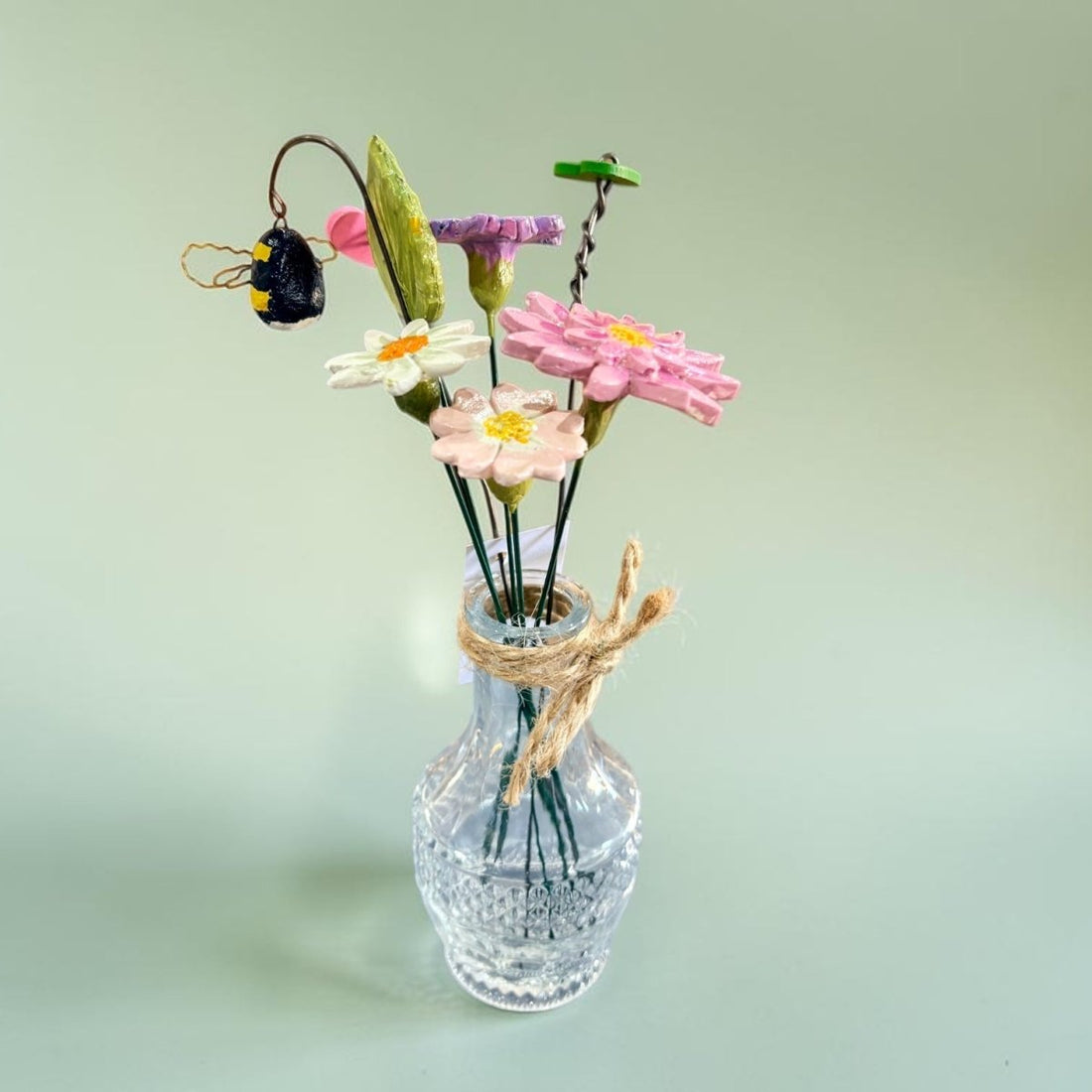 Ceramic Flowers, Hearts and Bee in Vase - Jenny Blue Art