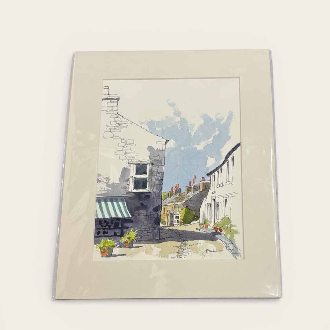 Illustration of a street scene with buildings and plants on a white background