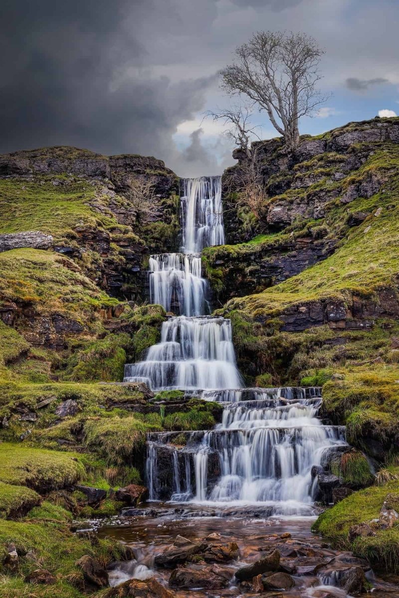 Waterfall cascading down a rocky cliff face with a tree on a grassy hillside.