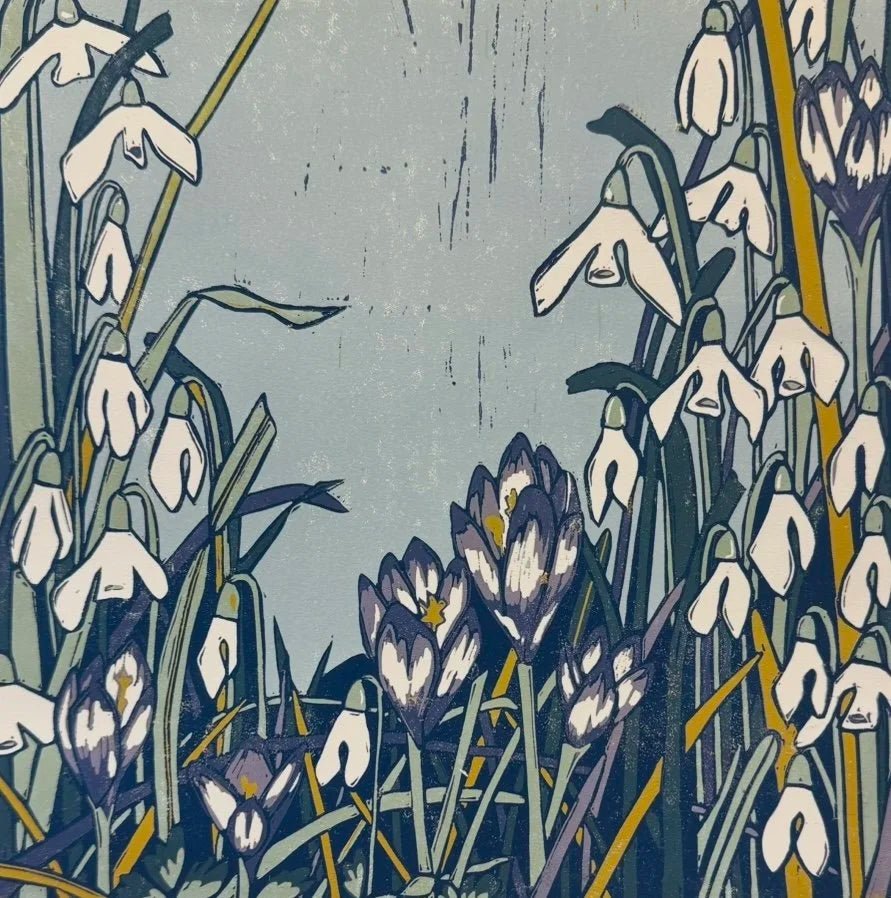 Crocuses and Snowdrops Linocut - Rachel Knowles_Just Makers