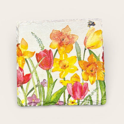 Daffodil and Tulip Coaster Slate - Sarah Tustin_Just Makers