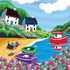 Colorful illustration of a coastal scene with houses, boats, and flowers.