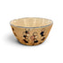 A handmade ceramic bowl with a warm beige interior and exterior, decorated with a pattern of hand-drawn black, blue, and pink circles connected by thin lines, set against a plain white background.