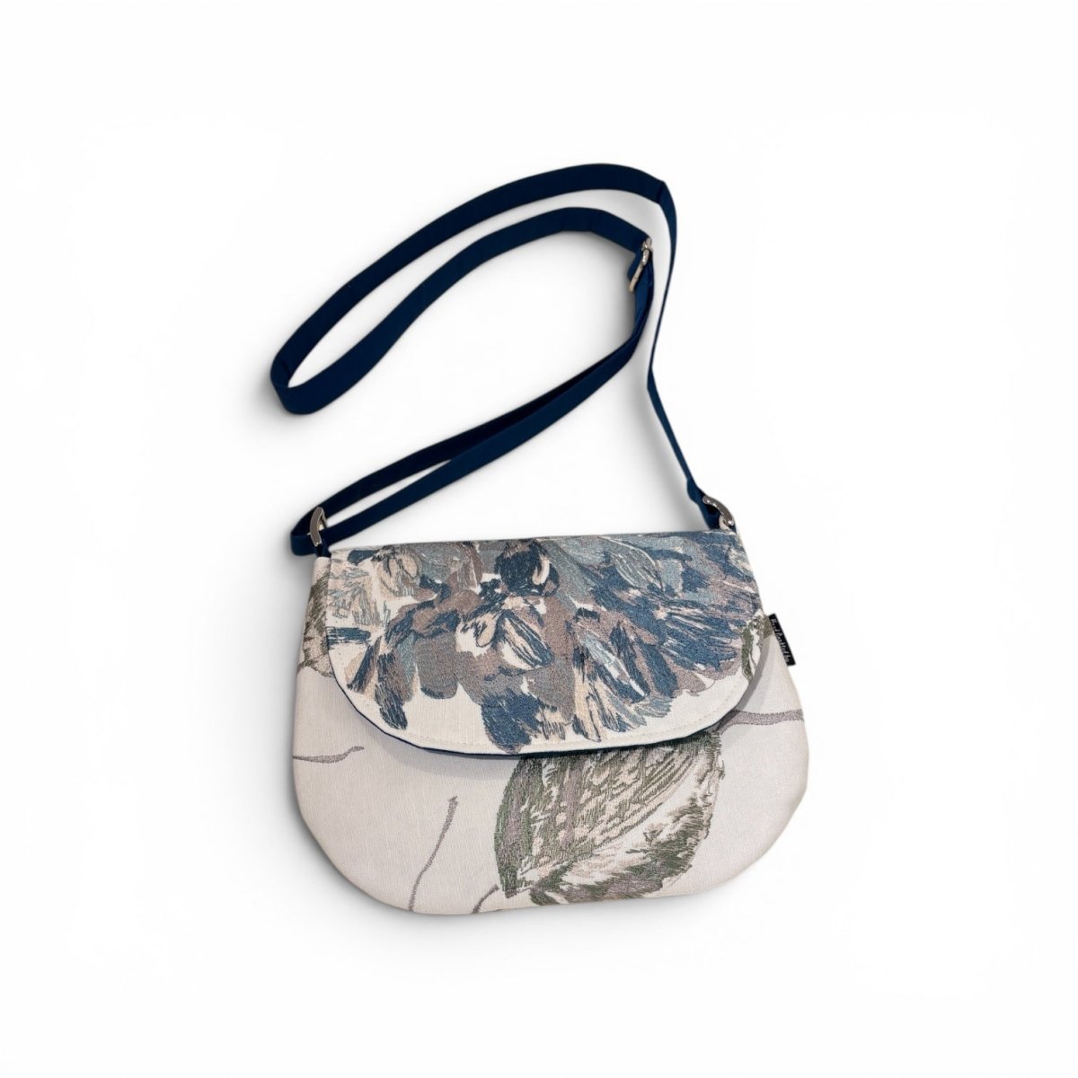Embroidered Cotton White and Blues Crescent Handbag - Amanda Scott_Just Makers