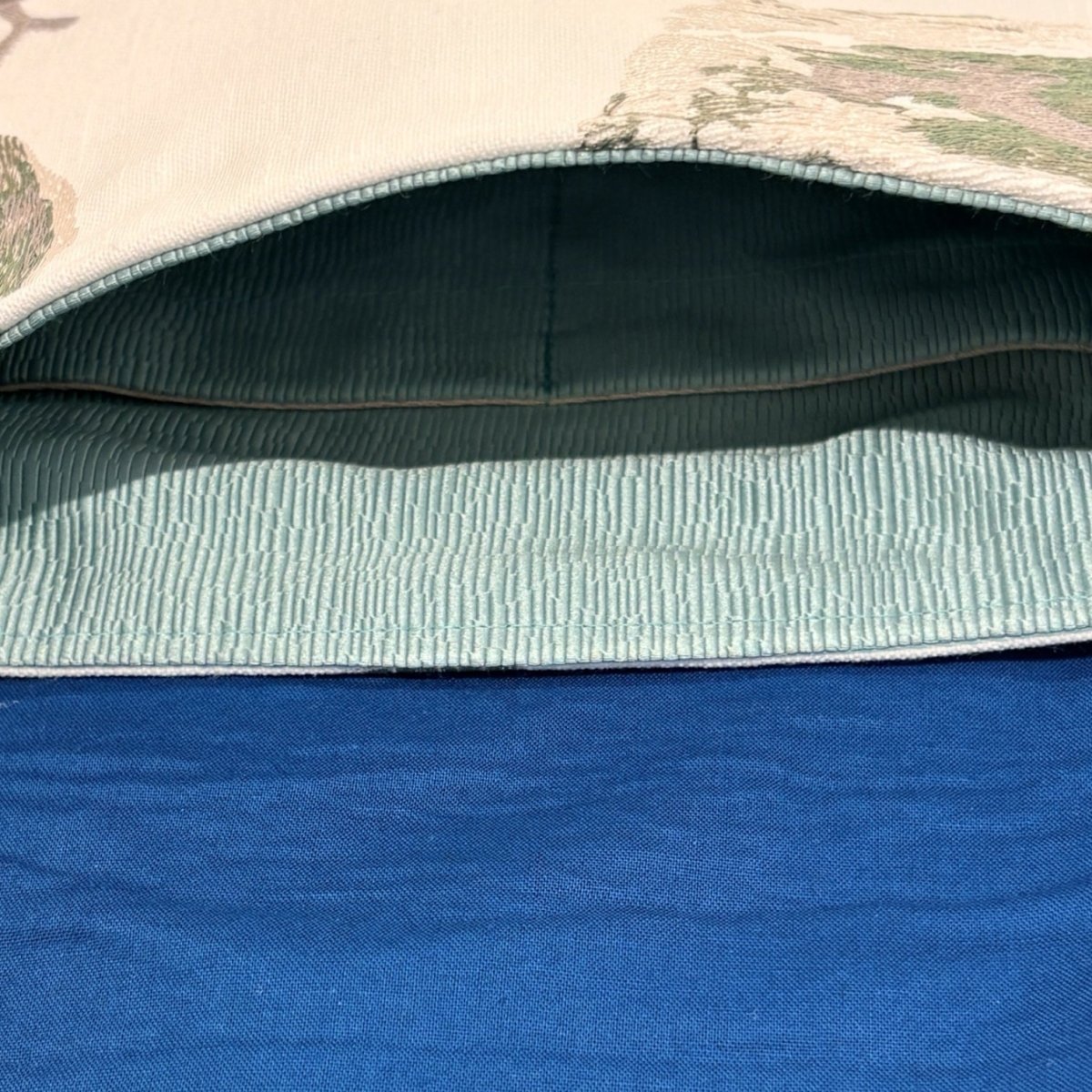 Embroidered Cotton White and Blues Crescent Handbag - Amanda Scott_Just Makers