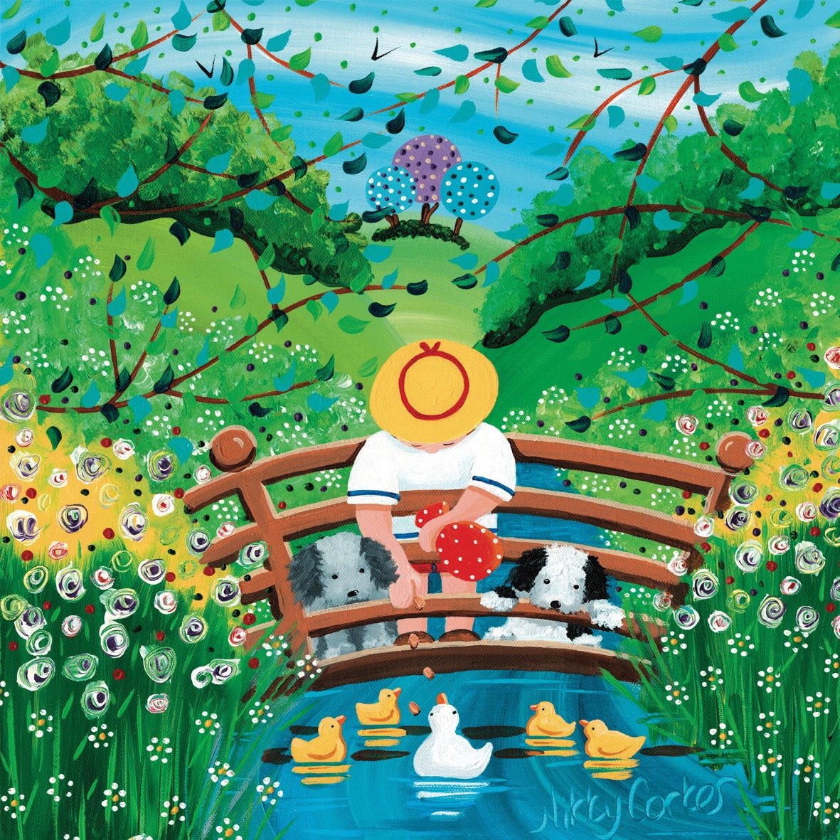 Colorful illustration of a child with a dog and cat on a bridge over a pond with ducks, surrounded by flowers and trees.