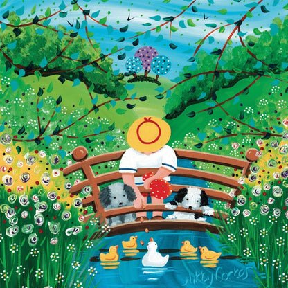 Colorful illustration of a child with a dog and cat on a bridge over a pond with ducks, surrounded by flowers and trees.