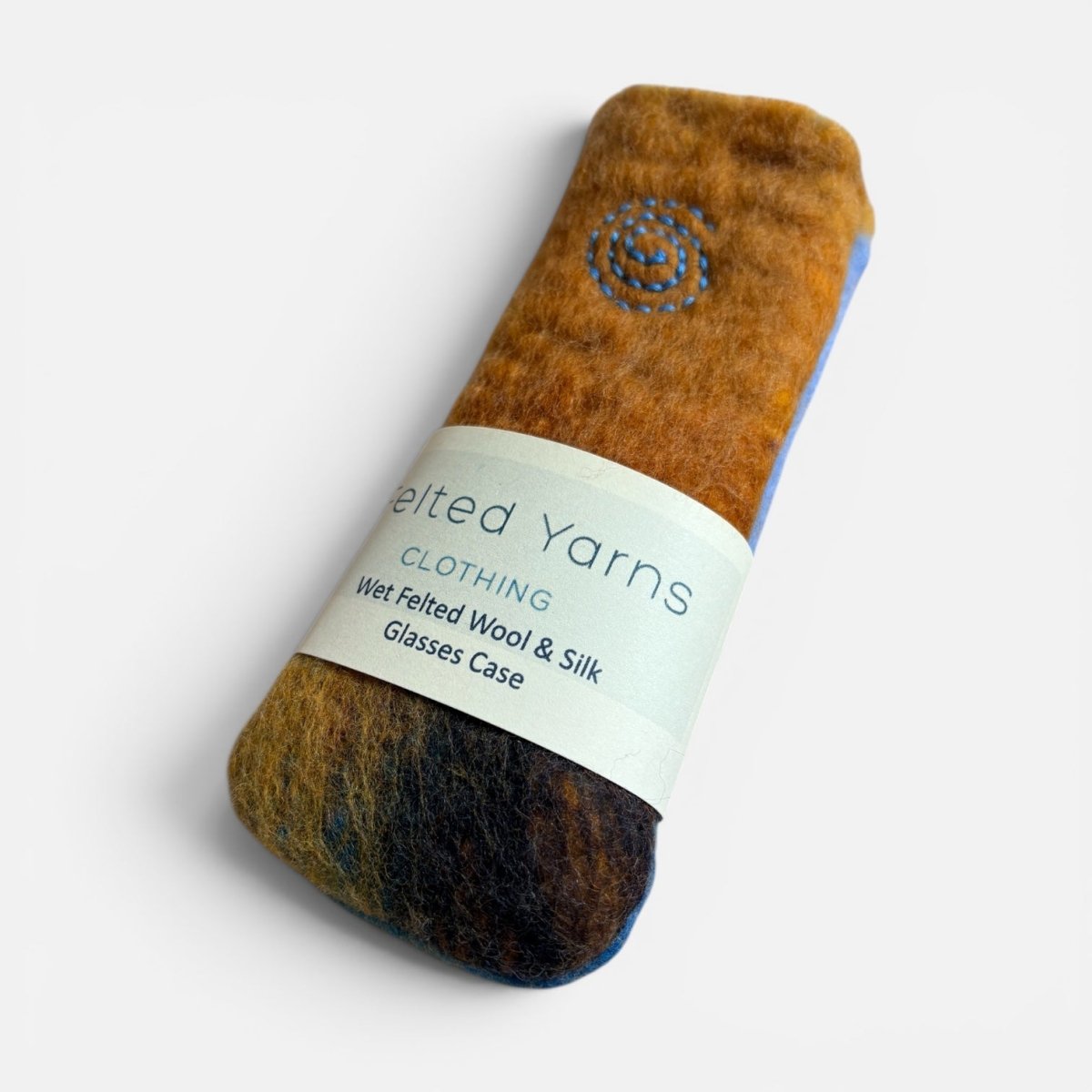 Wet felted wool and silk glasses case with a label on a white background