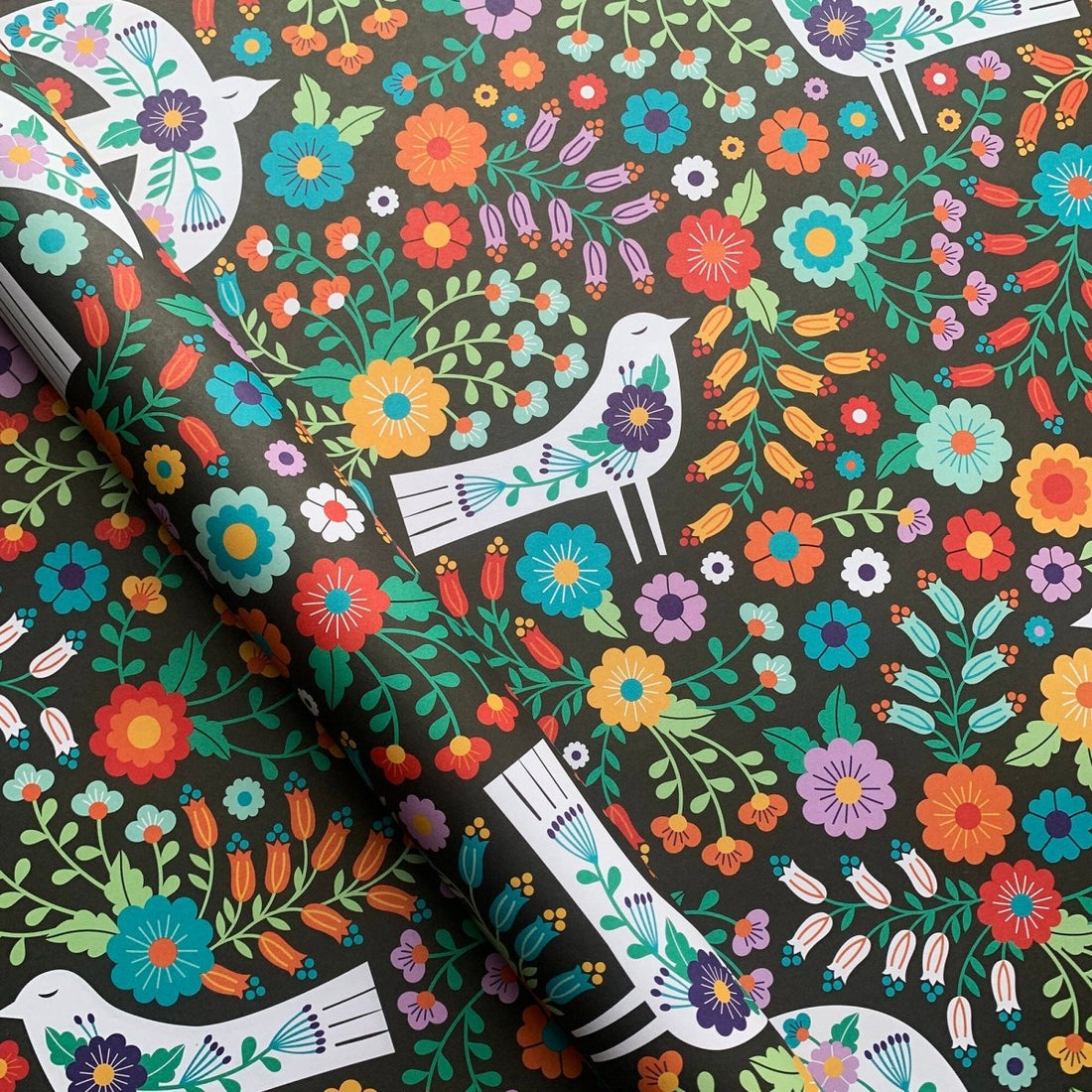 Folk Birds and Flowers Wrapping Paper - Maggie Magoo Designs_Just Makers
