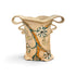A handmade ceramic planter with a beige stoneware finish, featuring two loop handles, a flared rim, and a hand-painted floral pattern with orange beaded vines and teal flowers.