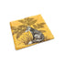A square yellow stone coaster featuring a detailed illustration of a gray fox sitting among ferns, shown on a clean white background.
