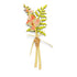 A decorative autumn-themed paper cutout or craft ornament featuring layered green leaves, pink bell-shaped flowers with yellow centers, and two tan sticks tied together with a string. A small tag on the bundle reads &